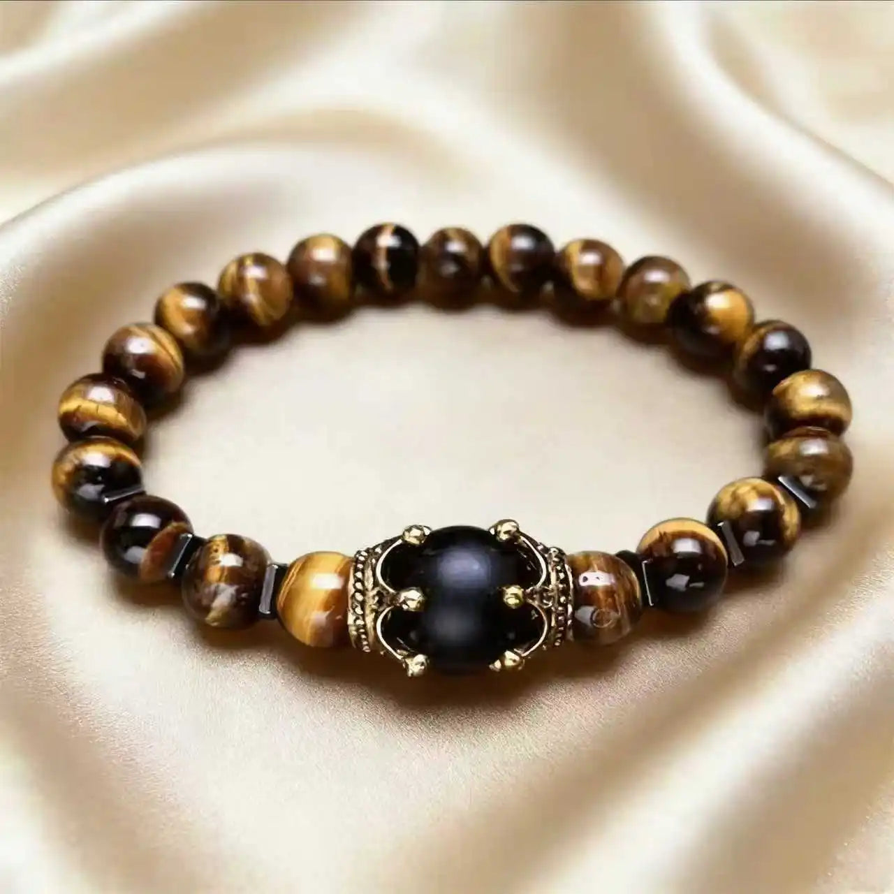 Men's Stylish Natural Stone Bracelet Vintage Crown Symbol of Power Hematite Beads Gift for Friends Natural Tiger Eye beads