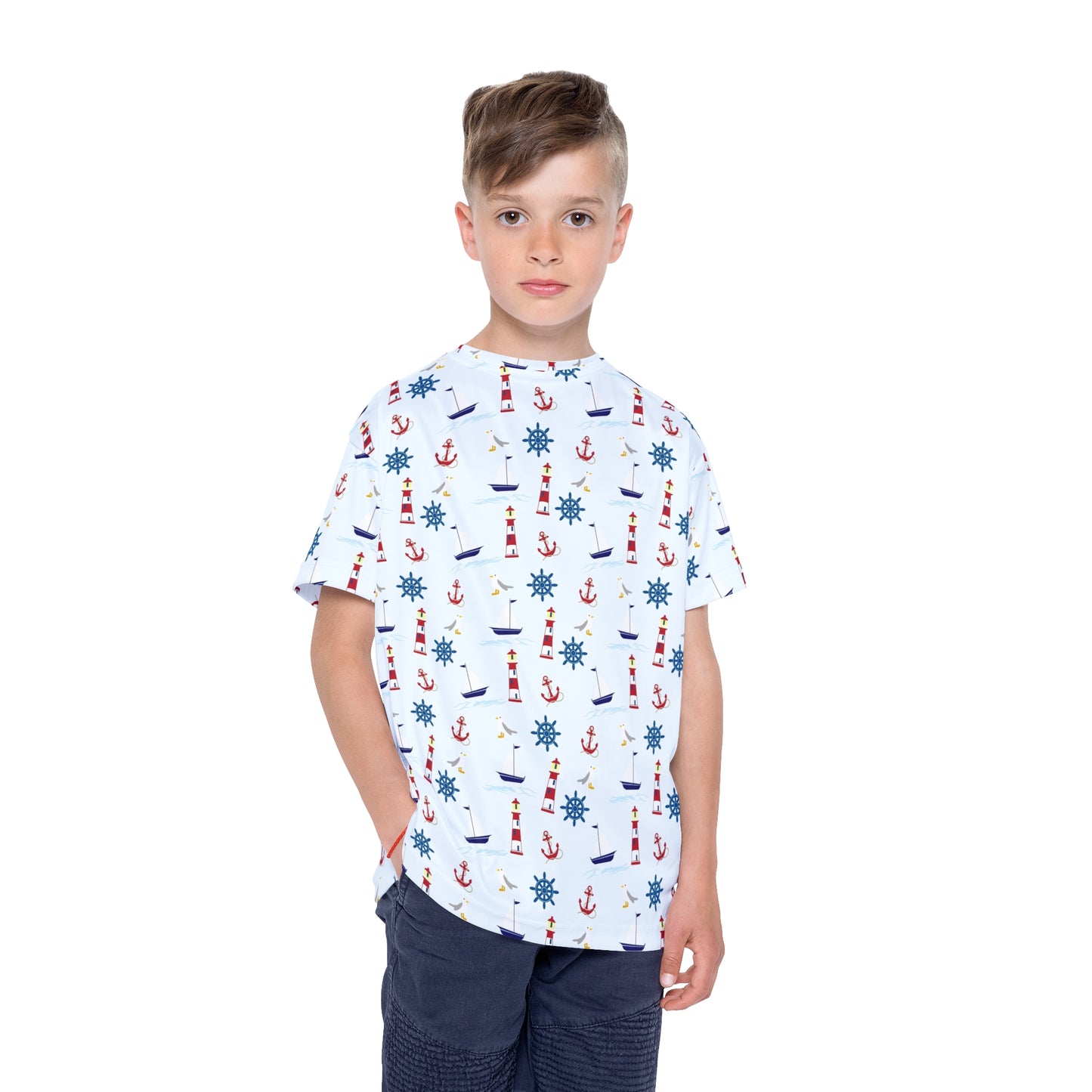 Nautical Kids Sports Jersey, Summer Playwear, Children's Casual Tee, Anchor Print Shirt, Beach Theme Outfit, Fun Gift for Kids