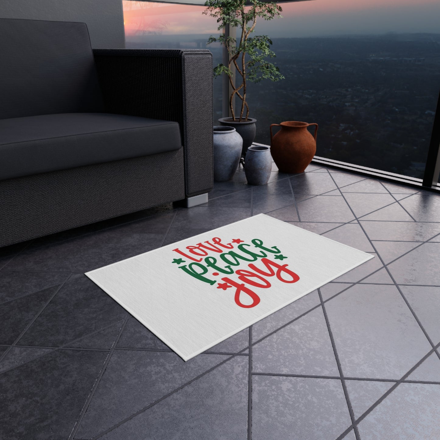 Festive Outdoor Rug - Love Peace Joy Design
