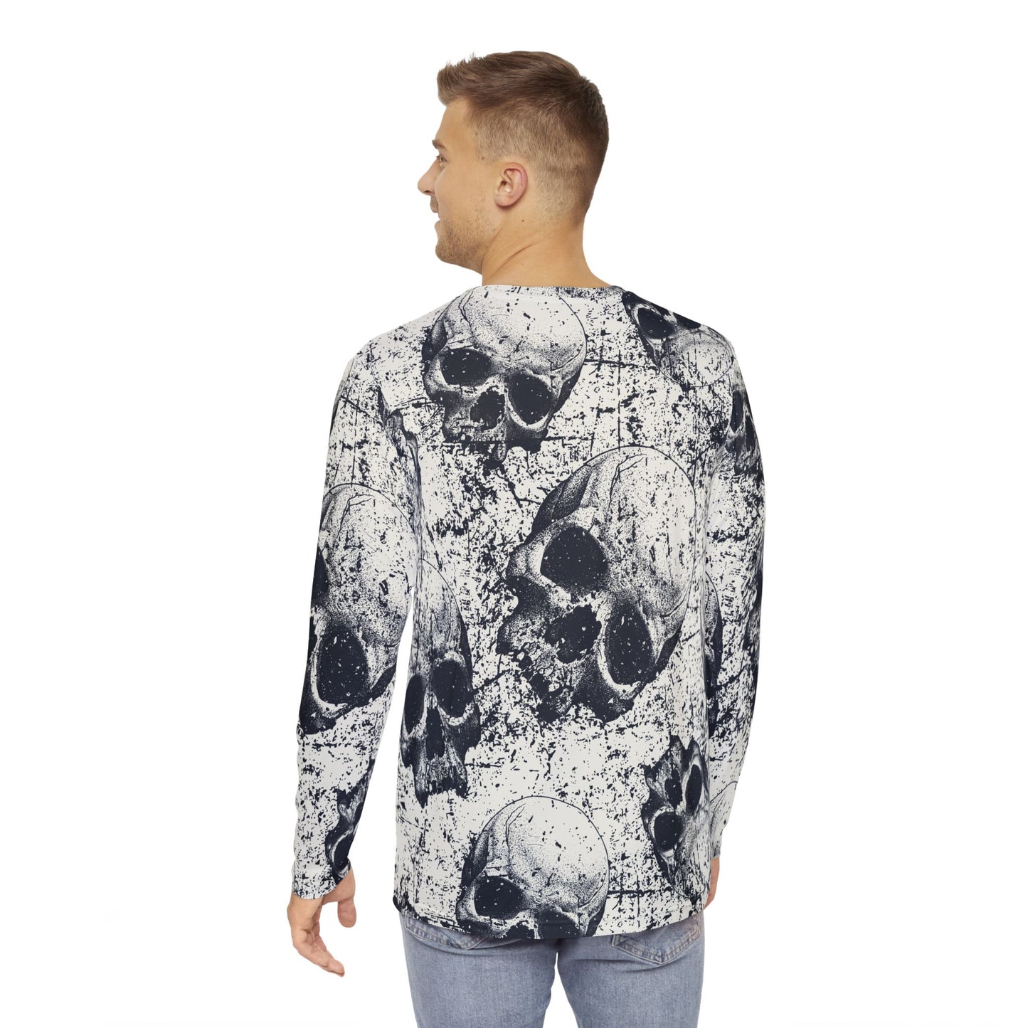 Men's Skull Print Long Sleeve Shirt, Edgy Graphic Tee, Halloween Wardrobe, Gothic Fashion, Unisex Casual Wear, Skull AOP Design