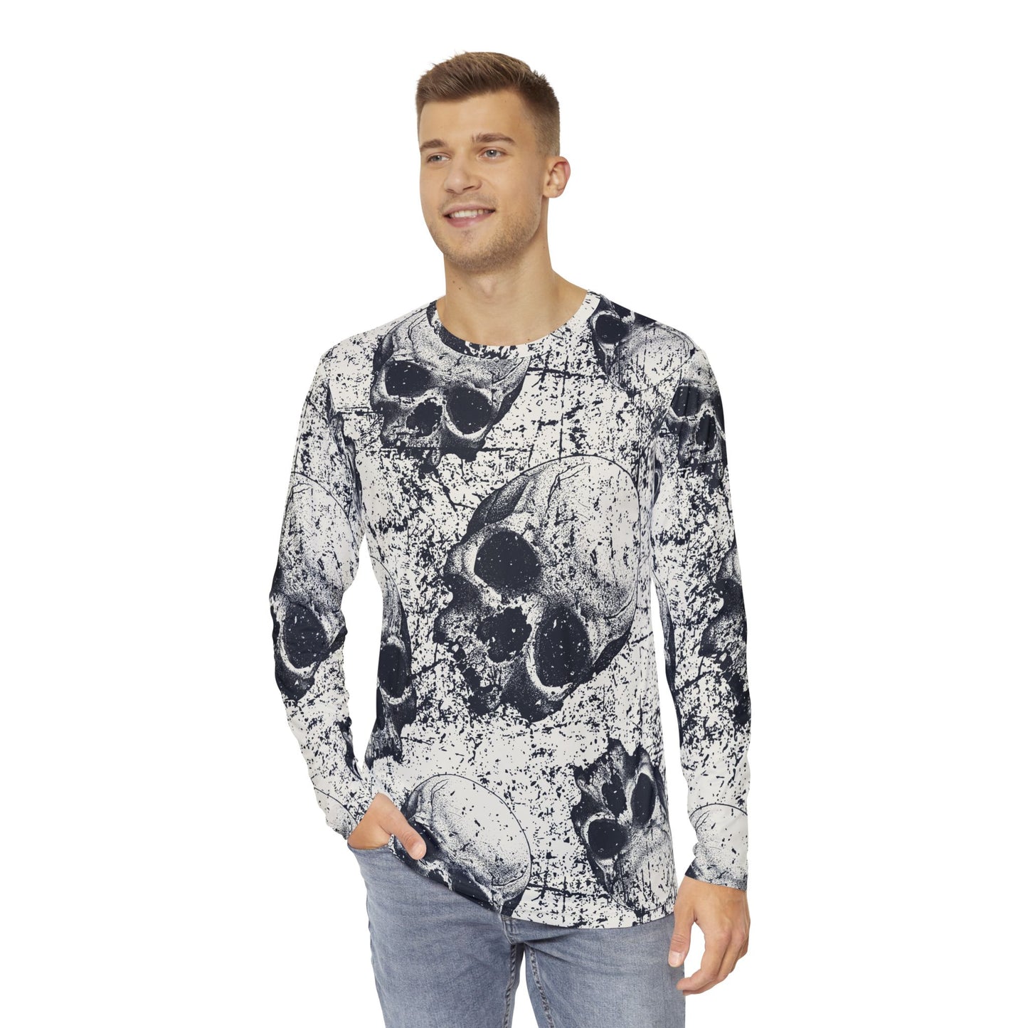 Men's Skull Print Long Sleeve Shirt, Edgy Graphic Tee, Halloween Wardrobe, Gothic Fashion, Unisex Casual Wear, Skull AOP Design
