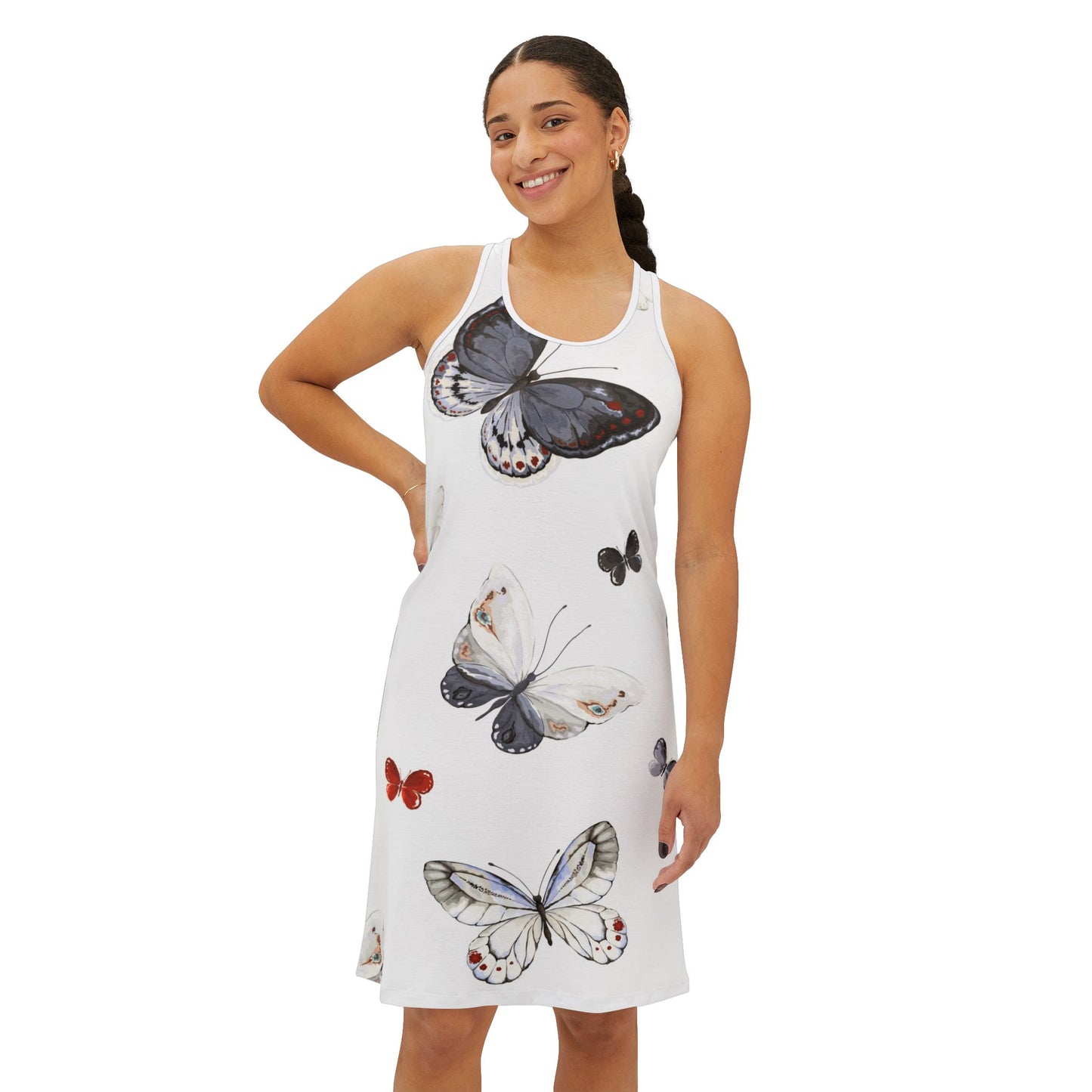 Butterfly Print Women's Racerback Dress, Floral Summer Dress, Casual Outfit, Beachwear, Vacation Dress, Gift for Her