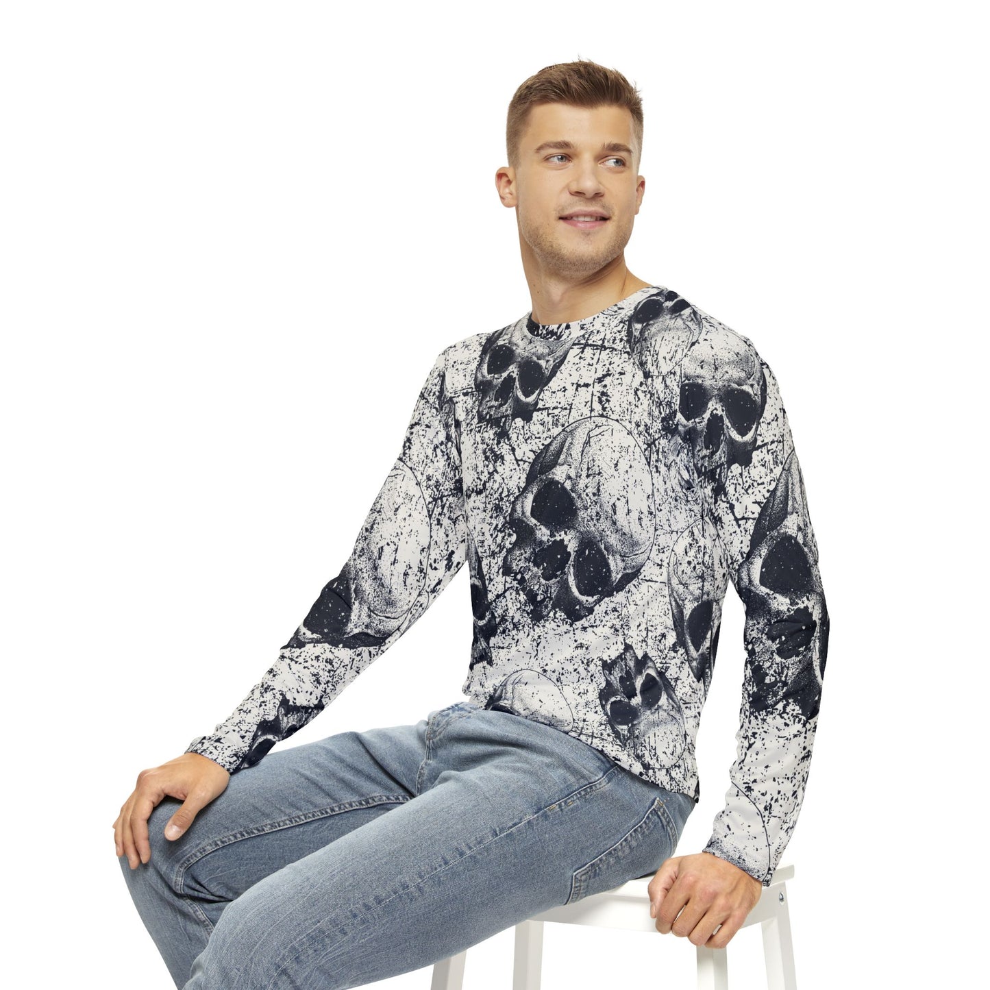 Men's Skull Print Long Sleeve Shirt, Edgy Graphic Tee, Halloween Wardrobe, Gothic Fashion, Unisex Casual Wear, Skull AOP Design