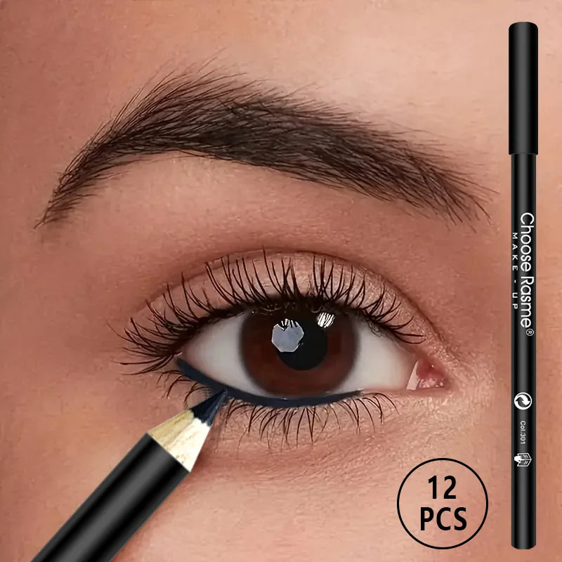 12pcs Black Eyeliner Pencil, Wooden Rod Pen, Solid Black Hook Eye Liner with Various Makeup, Eyeliner, Makeup