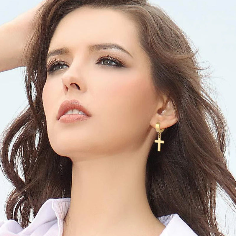 1Pair Punk Stainless Steel Cross Pendant Hoop Earrings For Men Women Not Fade Ear Rings Hip Hop Male Jewelry