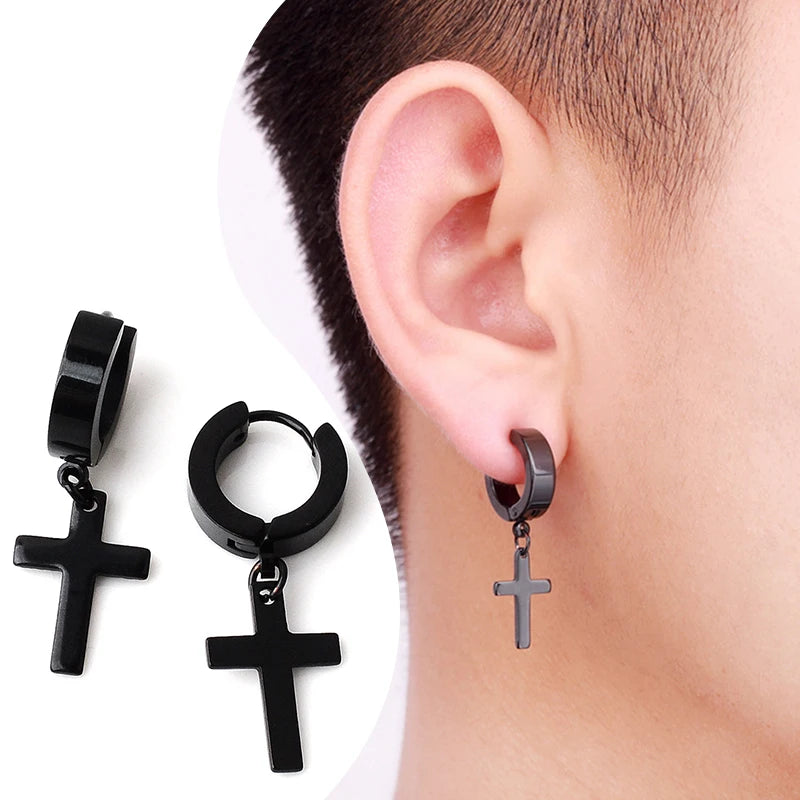 1Pair Punk Stainless Steel Cross Pendant Hoop Earrings For Men Women Not Fade Ear Rings Hip Hop Male Jewelry