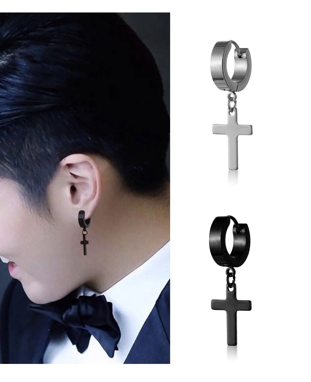 1Pair Punk Stainless Steel Cross Pendant Hoop Earrings For Men Women Not Fade Ear Rings Hip Hop Male Jewelry
