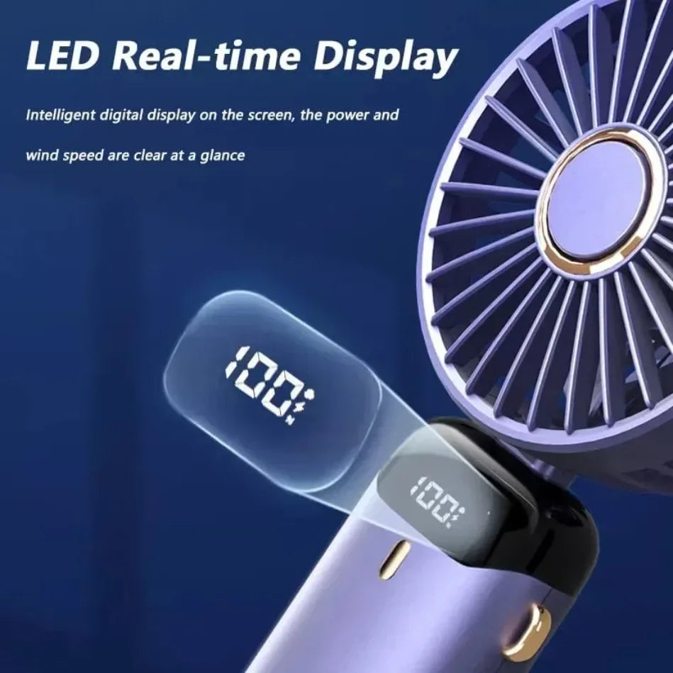 portable Handheld Mini Fan Foldable Portable Desk Outdoor Neck Hanging 5 Speed USB Rechargeable Fan Phone Stand Display Screen
