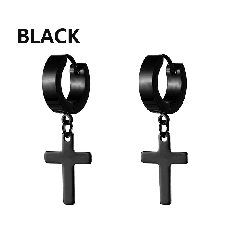 1Pair Punk Stainless Steel Cross Pendant Hoop Earrings For Men Women Not Fade Ear Rings Hip Hop Male Jewelry