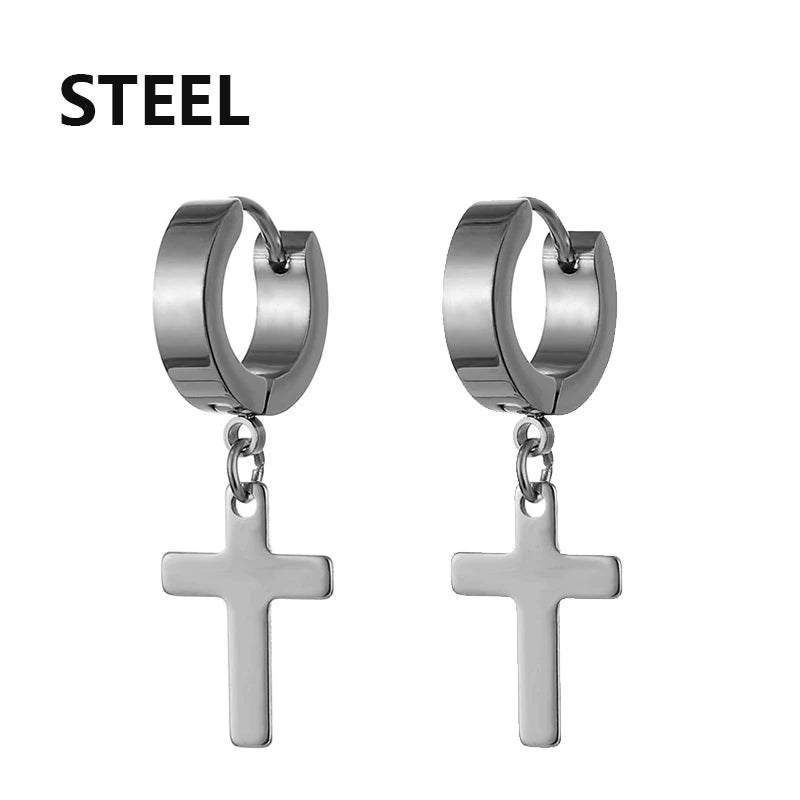 1Pair Punk Stainless Steel Cross Pendant Hoop Earrings For Men Women Not Fade Ear Rings Hip Hop Male Jewelry