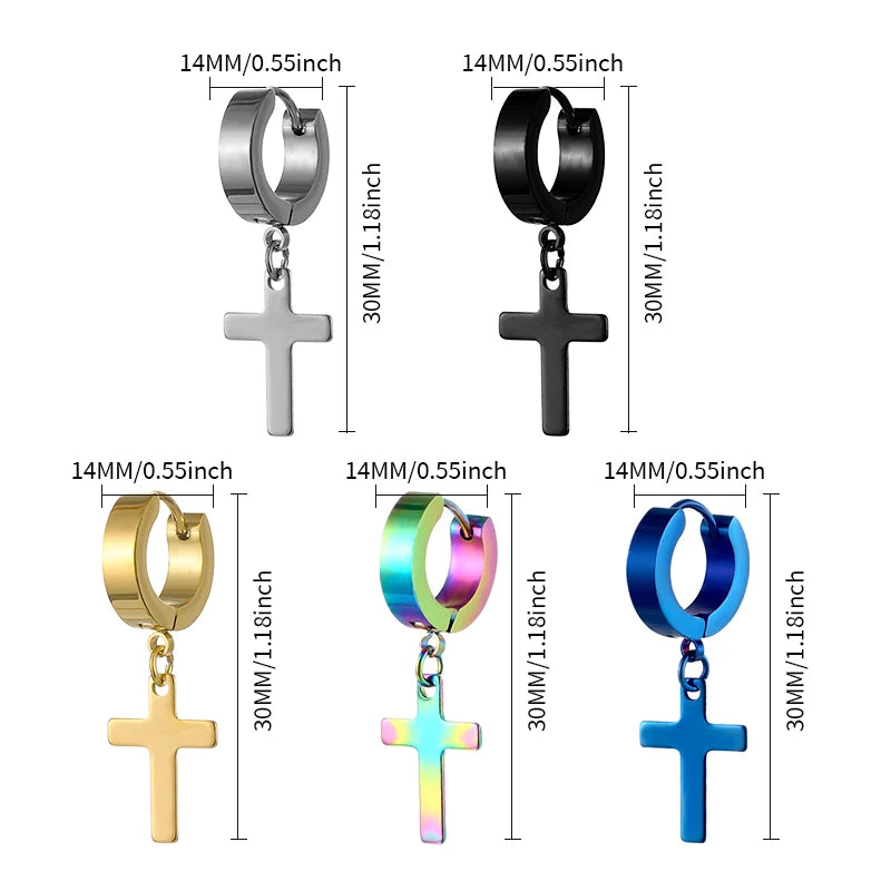 1Pair Punk Stainless Steel Cross Pendant Hoop Earrings For Men Women Not Fade Ear Rings Hip Hop Male Jewelry
