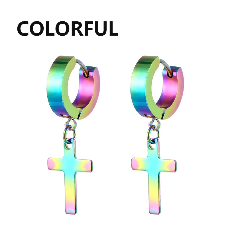 1Pair Punk Stainless Steel Cross Pendant Hoop Earrings For Men Women Not Fade Ear Rings Hip Hop Male Jewelry