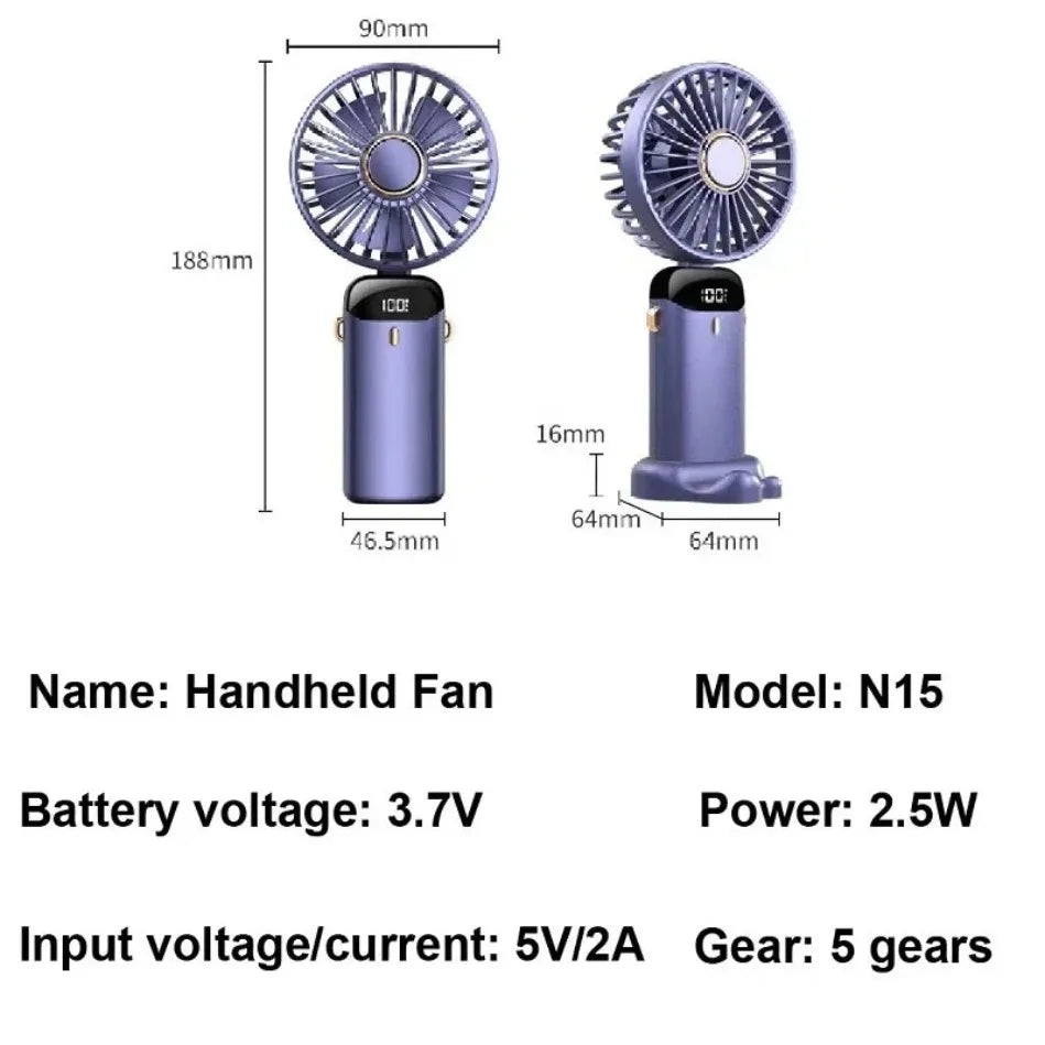 portable Handheld Mini Fan Foldable Portable Desk Outdoor Neck Hanging 5 Speed USB Rechargeable Fan Phone Stand Display Screen