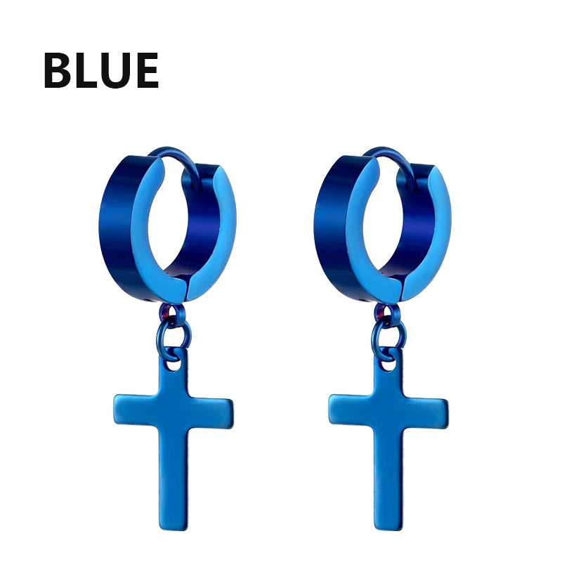 1Pair Punk Stainless Steel Cross Pendant Hoop Earrings For Men Women Not Fade Ear Rings Hip Hop Male Jewelry