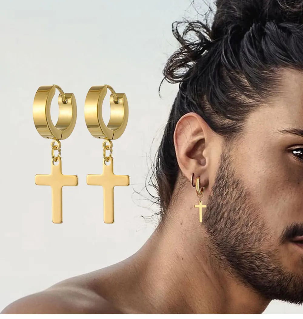 1Pair Punk Stainless Steel Cross Pendant Hoop Earrings For Men Women Not Fade Ear Rings Hip Hop Male Jewelry