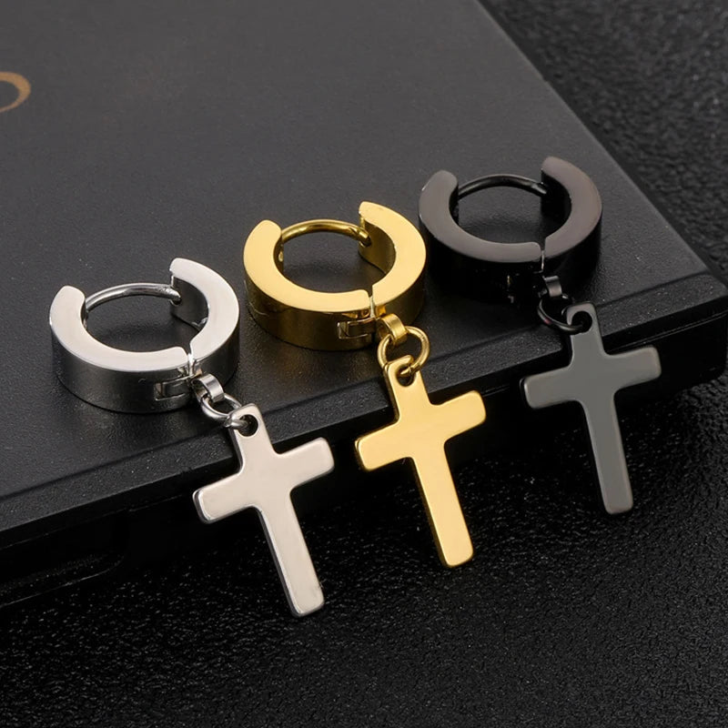 1Pair Punk Stainless Steel Cross Pendant Hoop Earrings For Men Women Not Fade Ear Rings Hip Hop Male Jewelry